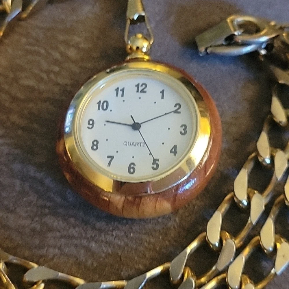 VTG Wood Pocket Watch Heavy Chain Gasparilla Necklace